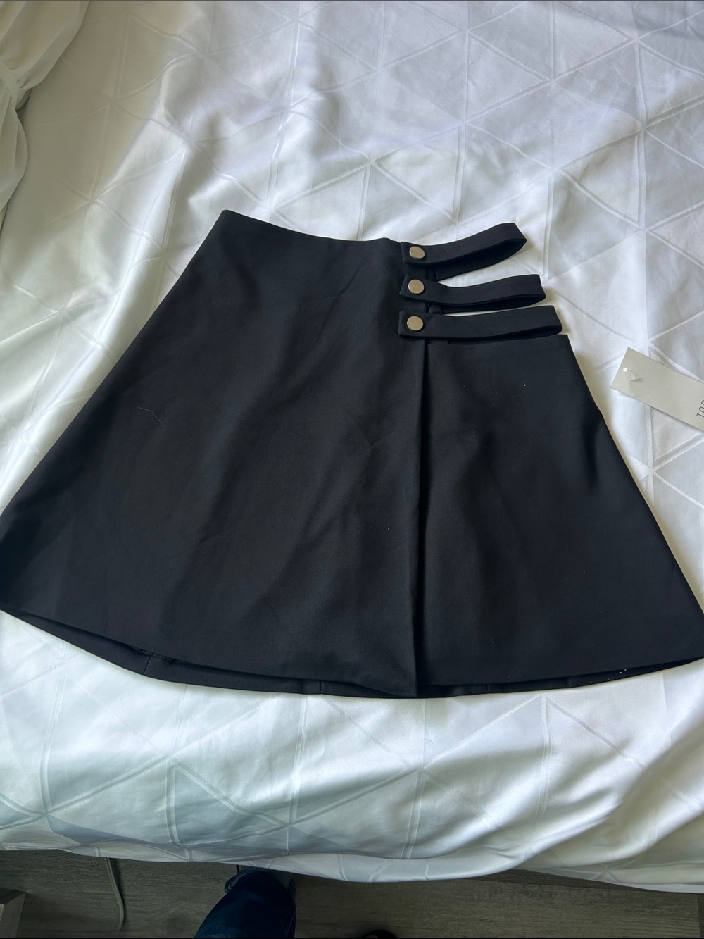 Tobi Black Mini Skirt with Triple Strap Button Detail